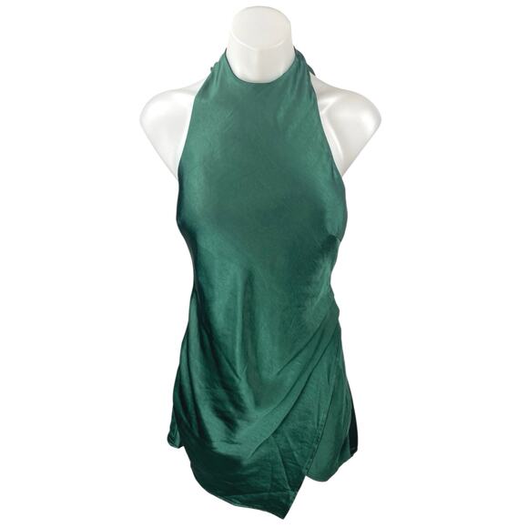 Hello Molly Green Silk Satin Sleeveless Halter Backless Mini A-Line Slip Dress 4 - Picture 1 of 4